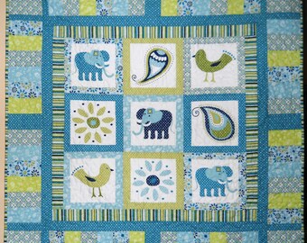 Elephant Baby Quilt (36"x36") Blues & Greens Cuddle Quilt