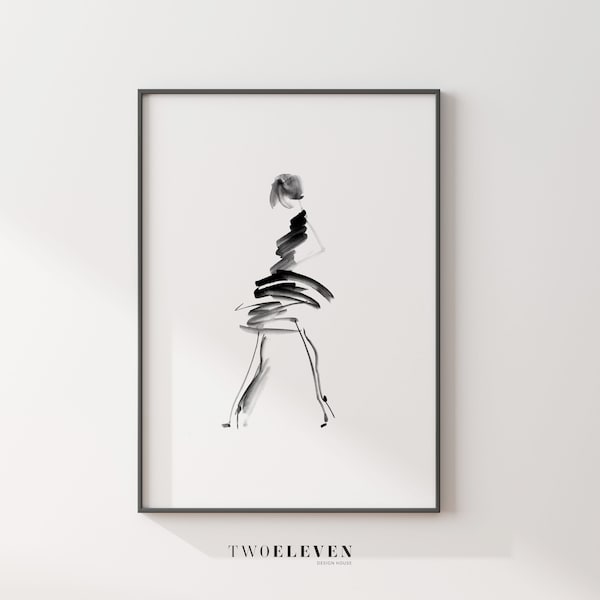 Luxe modeposter, modebaan aquarel illustratie, zwart en wit, moderne en minimalistische afdrukbare muurkunst, direct downloaden
