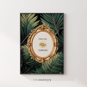 Pers voor champagne muurkunst - goudkleurige sierlijke lijstprint met tropische bladeren, decor barwagen, feestmuurkunst, champagne-knopafdruk