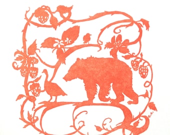 Letterpress Print  Bear & Goose 7x7 inches, Printed on Vintage Presses, Handmade Loose or Ready To Hang Vermillion Red Orange Bear Canadian