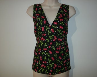 Halter Top Black w/ Red Cherries 100% Cotton Rockabilly Retro Pinup Girl Small