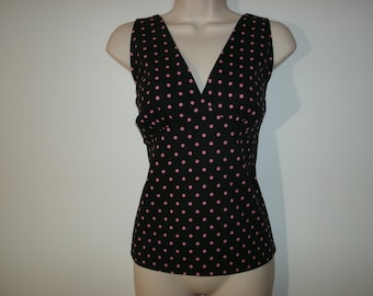 Halter Top Black w/ Pink Polka Dots 100% Cotton Rockabilly Retro Pinup Girl Small