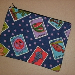 Reißverschluss Tasche Brieftasche Make-up Tasche blau mexikanische Loteria Karten Polka Dots Print Baumwolle 7 3/4 "x 6"
