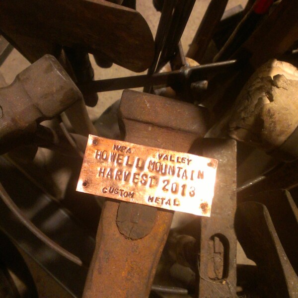 hand stamped copper tags as cellar tags, plant marker, for custom furniture, gifts
