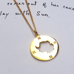 Antarctica Golden Compass Necklace: Gold Plated Pendant, South Pole Continent Circle Charm Jewelry