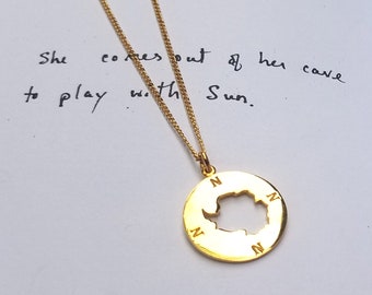 Antarctica Golden Necklace, Antarctic Compass, Gold Plated 18k Pendant with chain, Antarctic Continent, Antarctica Jewelry, Circle Necklace