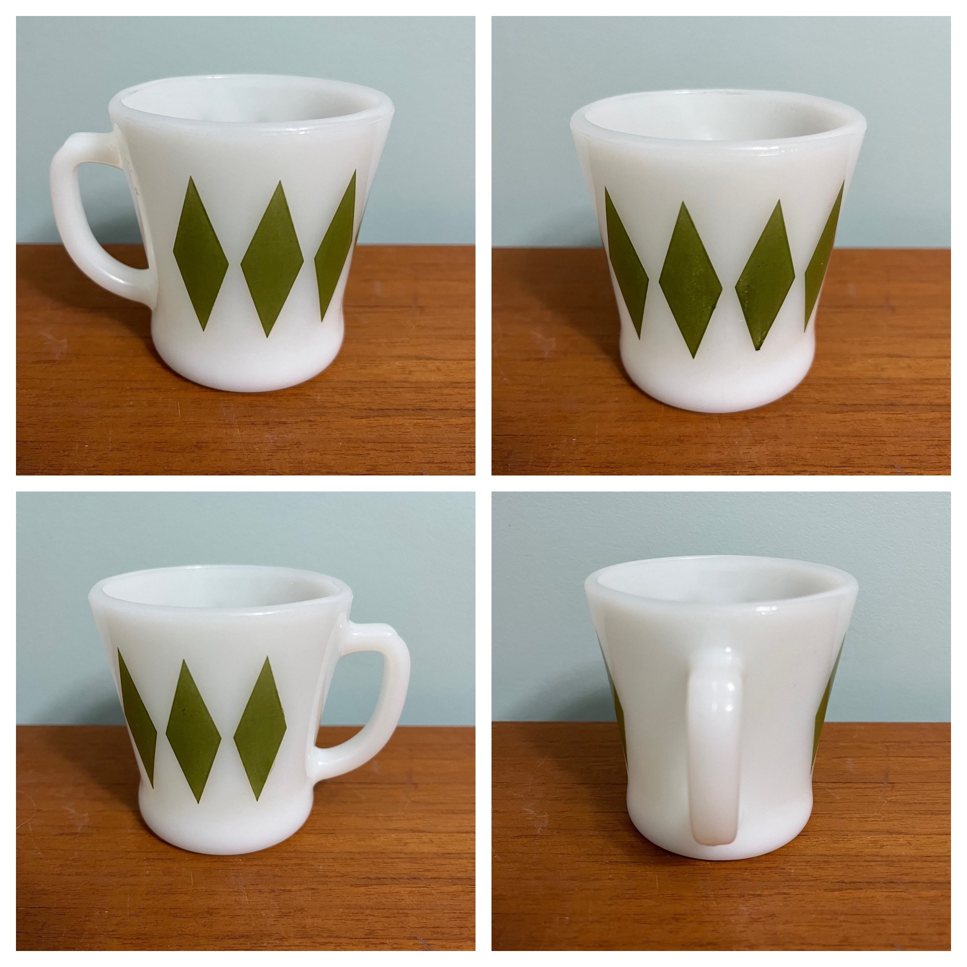 Fire King D Handle Diamond Mugs Turquoise Red Green Yellow Anchor