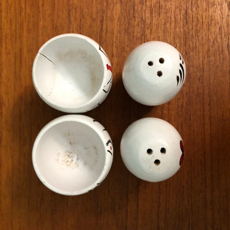 Wooden Egg Cup Salt And Pepper Shakers Man Woman Bride Groom Made in Japan?