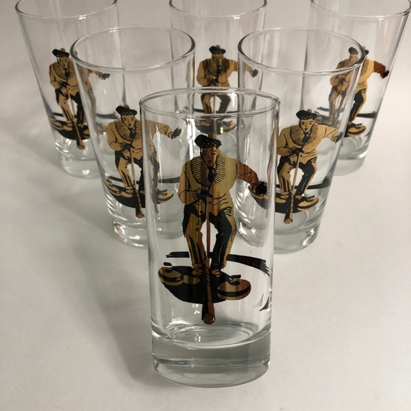 Curling Glass Tumbler Black Gold Curling Rock Curling Broom Tam O Shanter - Set of 6 Novelty Sport Glasses