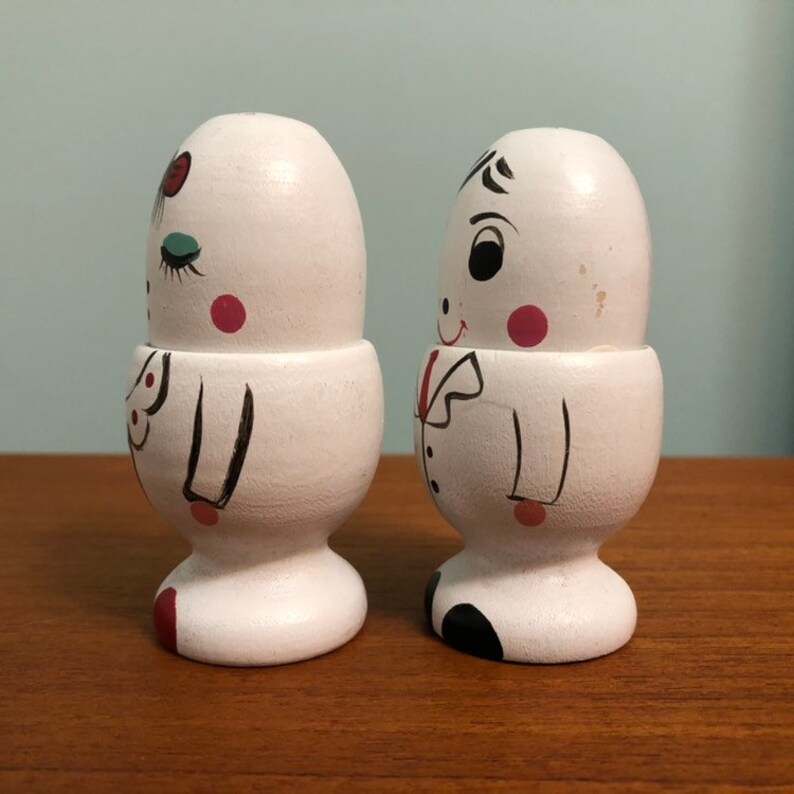 Wooden Egg Cup Salt And Pepper Shakers Man Woman Bride Groom Made in Japan?