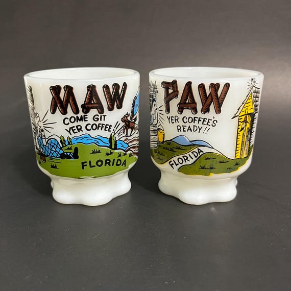 Fire King Concord Shape Mug Anchor Hocking Maw Paw Come Git Yer Coffee Florida Pair