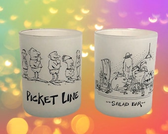 Picket Line and Salad Bar Glasses John Lamb Pun Cartoon 1980s Giftcraft Frosted Glass Tumbler