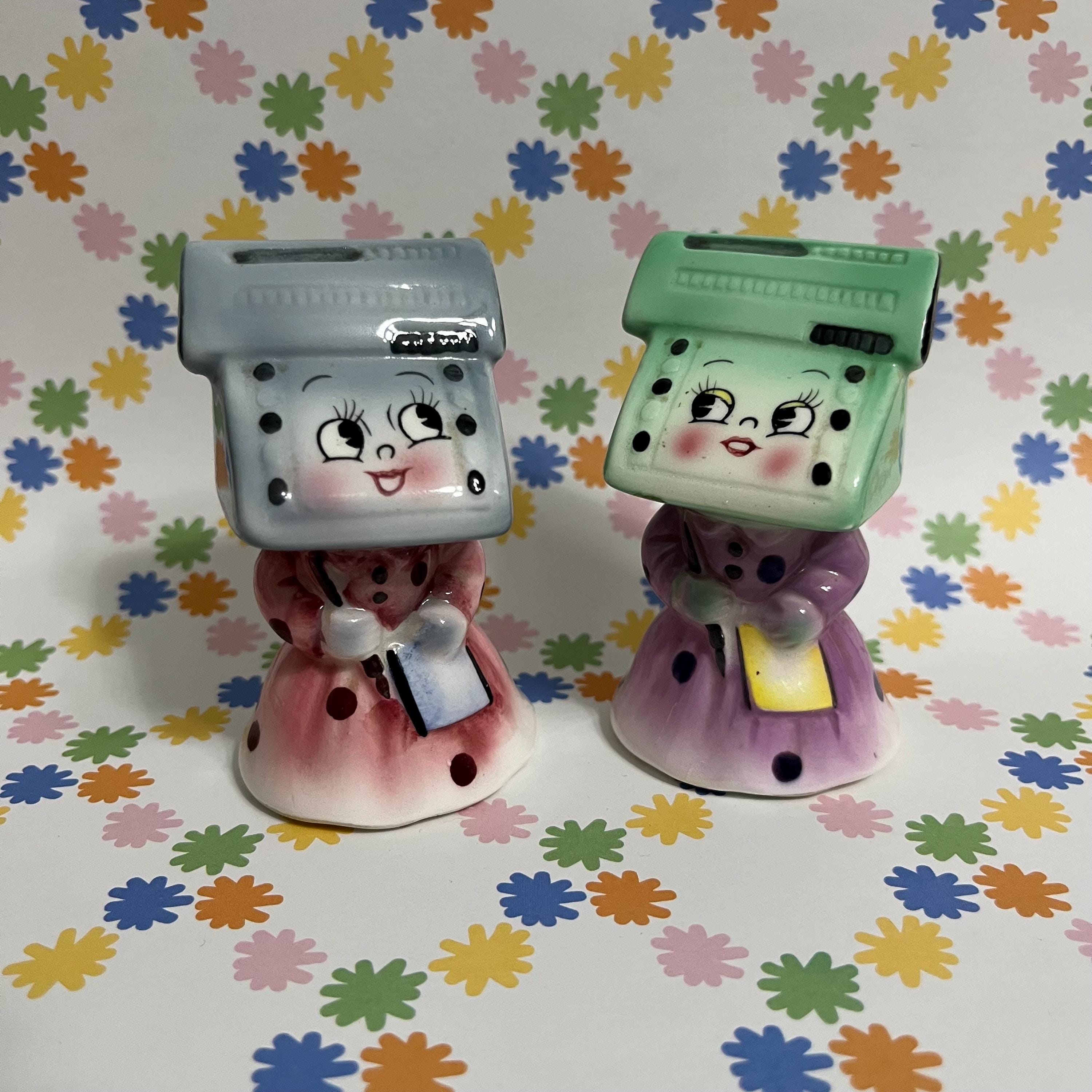 HTF Py Anthropomorphic Cash Register Girls Salt and Pepper Shakers Adding Machine Ceramic Kitsch Vintage Japan