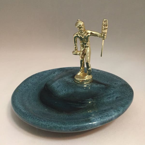 Mid Century Curling Ashtray Ceramic Ashtray With Gold Curler Broom Rock Tam Man Men Drip Glaze