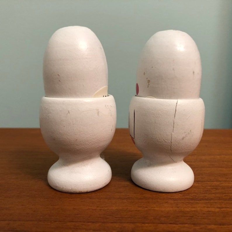 Wooden Egg Cup Salt And Pepper Shakers Man Woman Bride Groom Made in Japan?