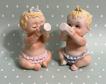 Bottle Drinking Baby Lego Salt and Pepper Shakers Ceramic Bisque Boy Girl Fraternal Twins Newborn Baby Shower Bloomers