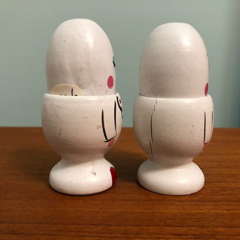 Wooden Egg Cup Salt And Pepper Shakers Man Woman Bride Groom Made in Japan?