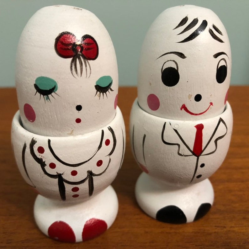 Wooden Egg Cup Salt And Pepper Shakers Man Woman Bride Groom Made in Japan?