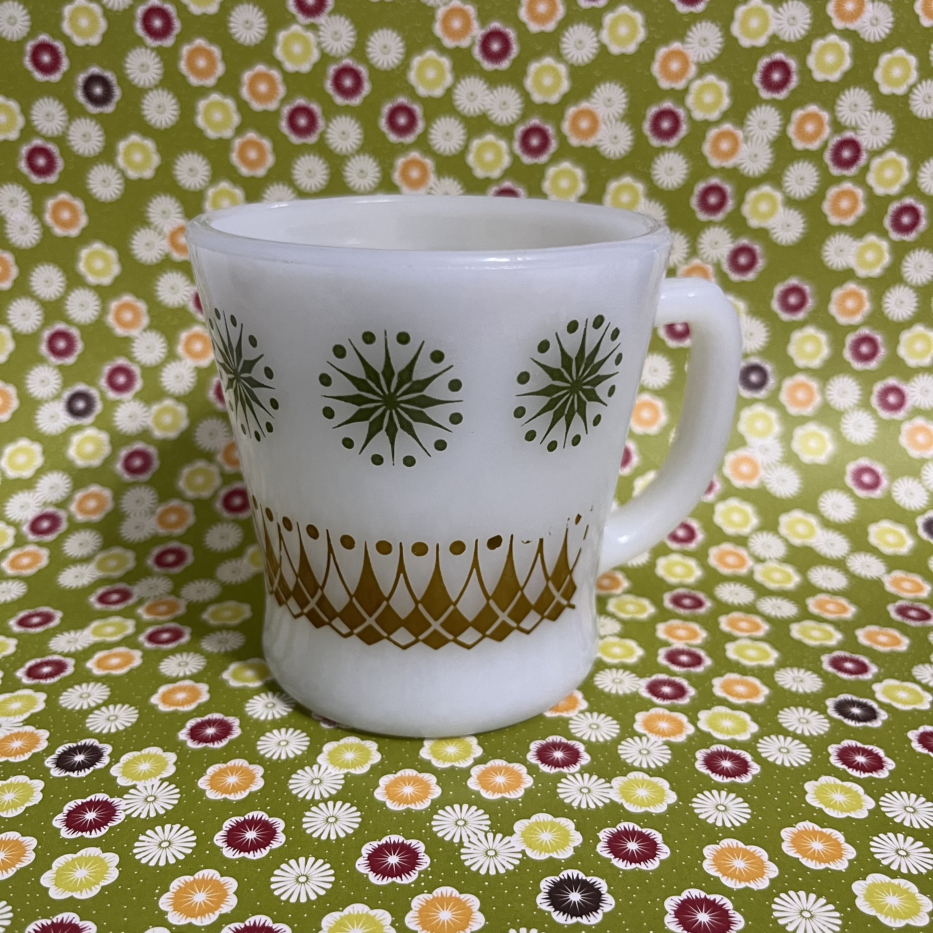 Fire King Atomic Fireworks Starburst D Handle Mug Green Gold Anchor Hocking Mid Century 1960s 60s