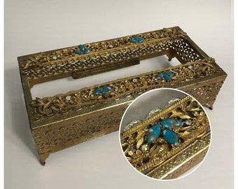 Hollywood Regency Sam Fink? Ormolu? Tissue Holder Aurora Borealis Rhinestones Turquoise Blue Stones Vanity