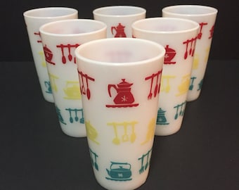Hazel Atlas Kitchen Aids Kitchen Utensils Glass Tumbler Milk Glass Platonite Drinking Glass Teal / Turquoise Yellow Red ONE TUMBLER