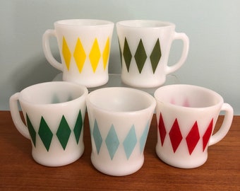 Fire King D Handle Diamond Mugs Turquoise Red Green Yellow Anchor Hocking Mid Century 1950s 50s - CHOICE