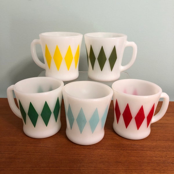 Fire King D Handle Diamond Mugs Turquoise Red Green Yellow Anchor Hocking Mid Century 1950s 50s - CHOICE