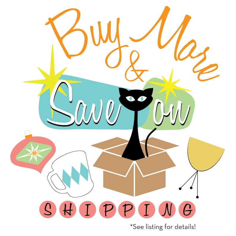 May include: A black cat sits in a brown cardboard box with the words "Buy More & Save on SHIPPING" in pink circles. The image also includes a blue and white mug, a pink ornament with a yellow star, and a yellow and gold stand.
