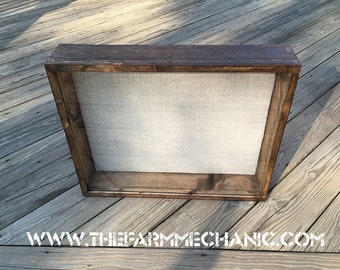 Rustic Wood Shadow Box: Burlap Back, Magnetic Lid (20x20x2)