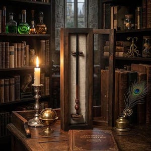 May include: A wooden display case containing a slender, two-toned brown and black wand, positioned on a desk next to a brown book titled Advanced Spellcasting, a lit candle in a silver holder, a brass globe, and a peacock feather in a holder.