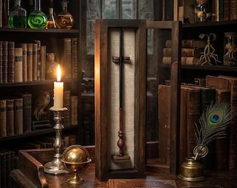 Wand Display Case – Magnetic Lid, Handmade Wood Magic Wand Holder, Collector Shadow Box, Rustic Display