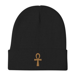 Ankh Beanie – Premium Embroidered Cuffed Hat – Ancient Egyptian Key of Life Symbol