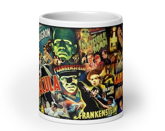 Universal Monsters Collage – Premium White Glossy Mug – Classic Horror Movie Icons Cup