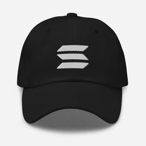 May include: A black baseball cap with a white embroidered logo of three overlapping lines.