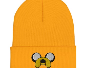 Jake Beanie – Embroidered Cartoon Dog Hat – Yellow Knit Cuffed Beanie – Adventure Pup Gift