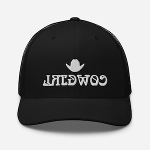 May include: Black trucker hat with a white embroidered cowboy hat and the word "COWBOY" spelled backwards.