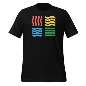 May include: Black t-shirt with a colourful graphic design. The design features four sections: wavy red lines, wavy yellow lines, wavy blue lines, and horizontal green lines. The shirt is made of a soft material.