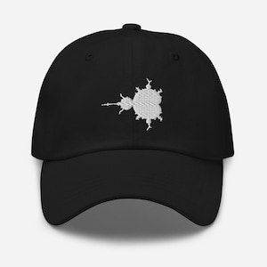 May include: A black baseball cap with a white embroidered fractal design.