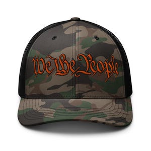 We The People Hat – Premium Camo Trucker Cap – Embroidered Patriotic USA Mesh Hat