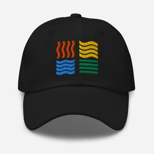 May include: Black baseball cap with embroidered design. The design features four colored sections: orange wavy lines, yellow wavy lines, blue wavy lines, and green horizontal lines. The cap has a curved brim and a button on top.