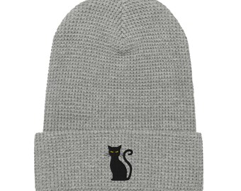 Black Cat - Premium Waffle Beanie - Cat Hat