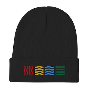 May include: Black beanie with embroidered colorful wave-like designs in red, yellow, blue, and green. The beanie is made of a soft, knitted material and has a folded brim. A stylish and warm winter accessory.