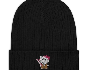 Hello Jason Mask Kitty - Premium Ribbed knit beanie - Friday the 13th Halloween