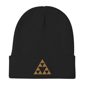 May include: Black knit beanie with a brown triangle pattern on the front.