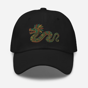 May include: Black baseball cap with an embroidered green, red, and yellow snake design. The snake has a feathered headdress and a patterned body.