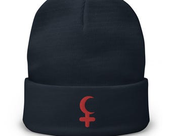 White Baphomet Sigil Cuff Beanie – Embroidered Gothic Hat For Alt Streetwear, Occult & Horror Fashion