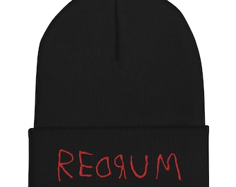 Premium REDRUM Beanie – Embroidered Creepy Cuffed Hat – Chilling Horror Aesthetic