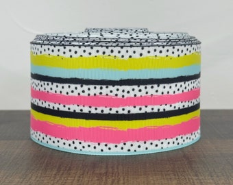 3” Colorful Stripe / Black Polka Dots