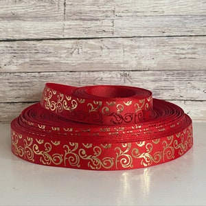 7/8” Gold Foil Swirls on Red