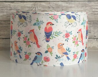3” Peach, Coral and Blue Birds on White
